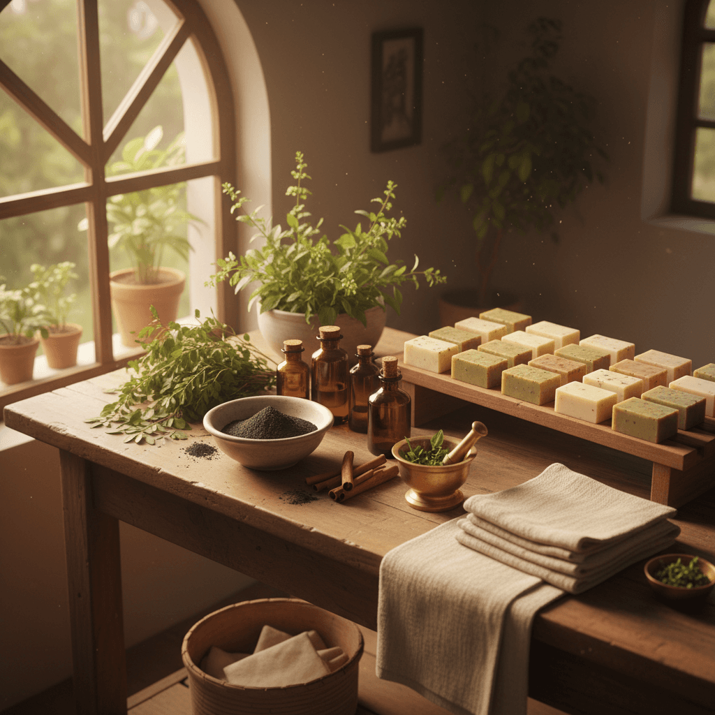 Huckleberry manufacturing workspace with raw botanicals